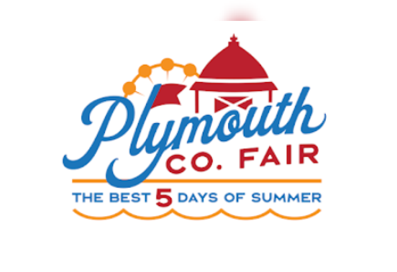 Plymouth County Fair logo is red, orange and blue and contains the words "Plymouth County Fair. The Best 5 Days of Summer." There is an outline of a ferris wheel and a barn.