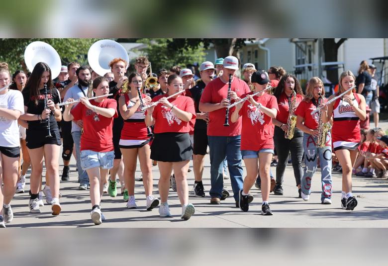 Members of the Akron-Westfield marching band take part in the homecoming parade.